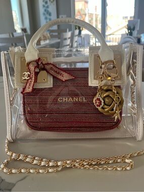 Custom Upcycled Chanel Beauté Clear Bag w Authentic Charms, Ribbon & Makeup Bag